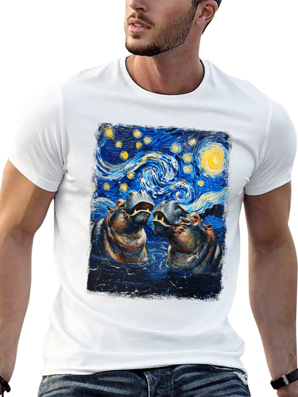 Hippo Starry Night Art T-Shirt