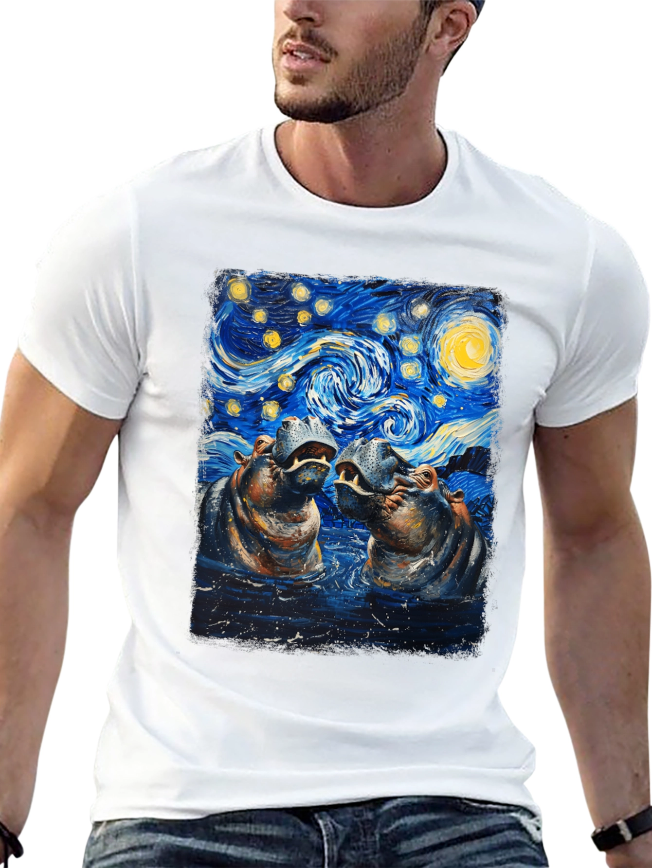 Hippo Starry Night Art T-Shirt
