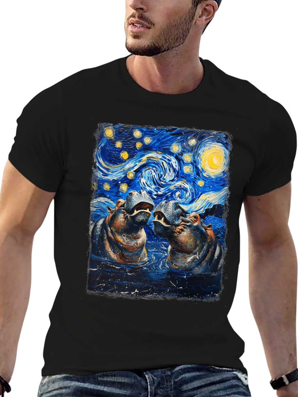 Hippo Starry Night Art T-Shirt