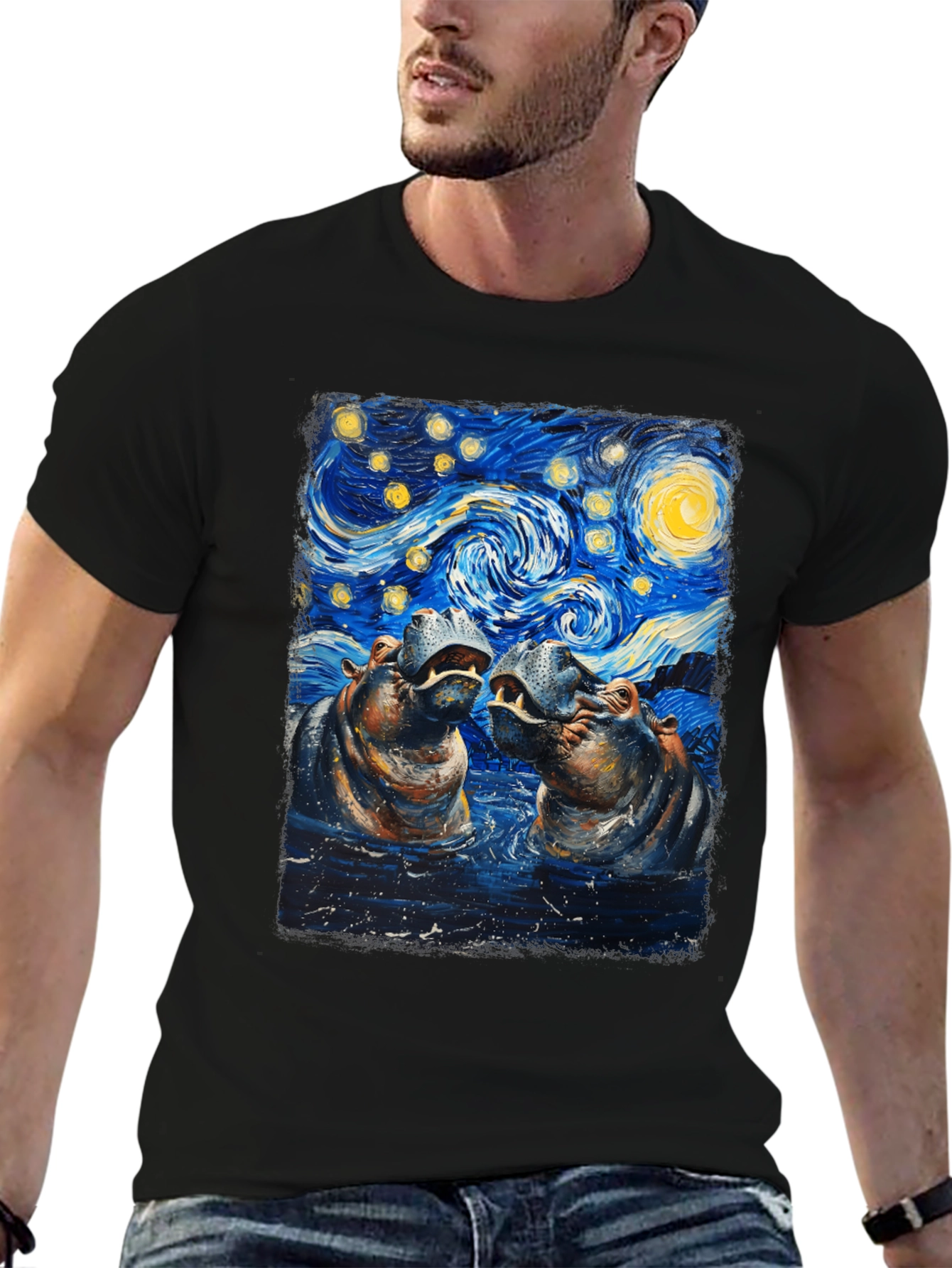 Hippo Starry Night Art T-Shirt