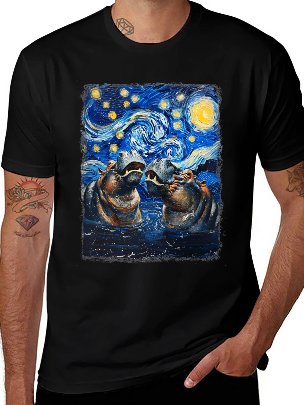 Hippo Starry Night Art T-Shirt