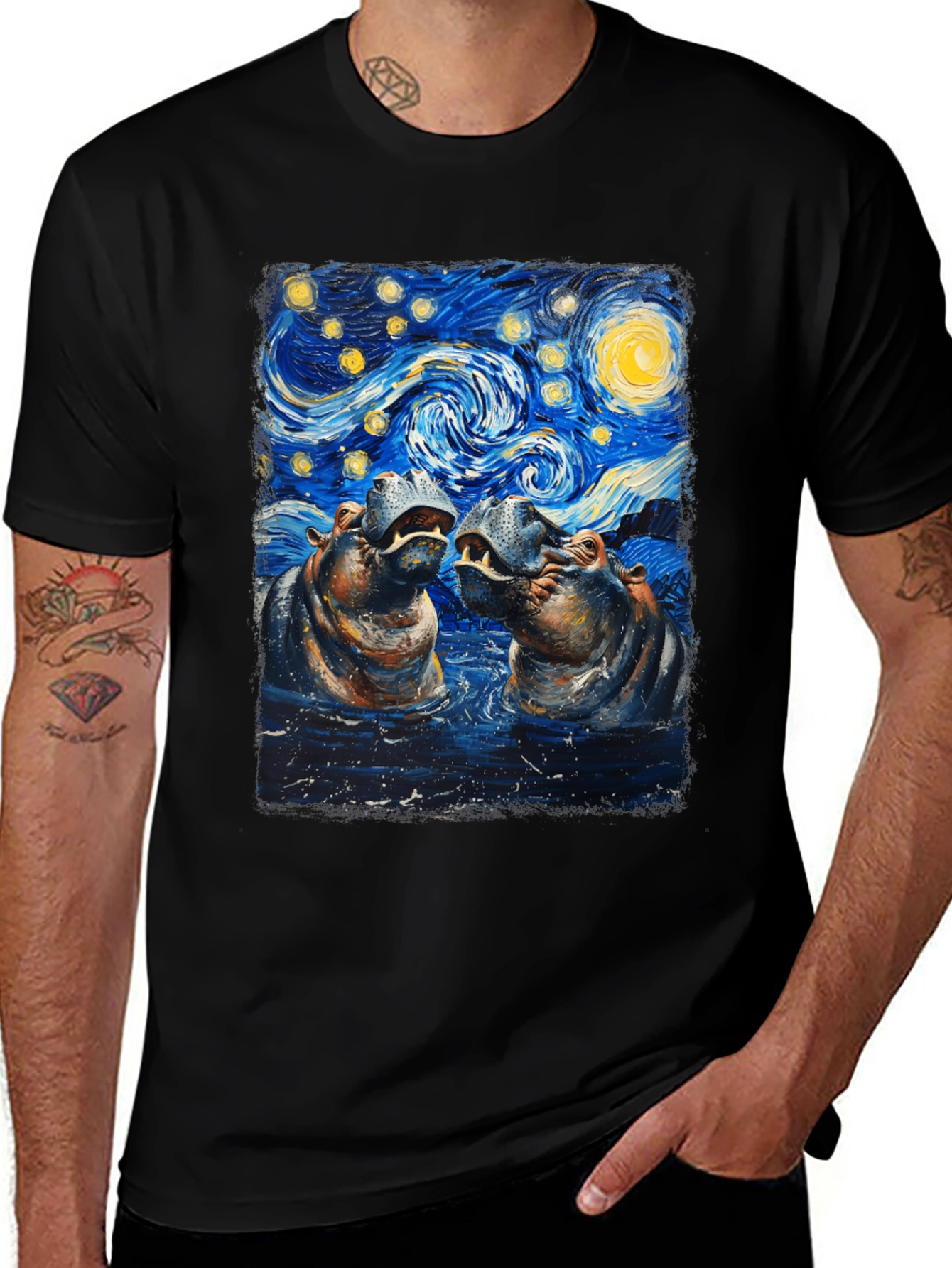 Hippo Starry Night Art T-Shirt