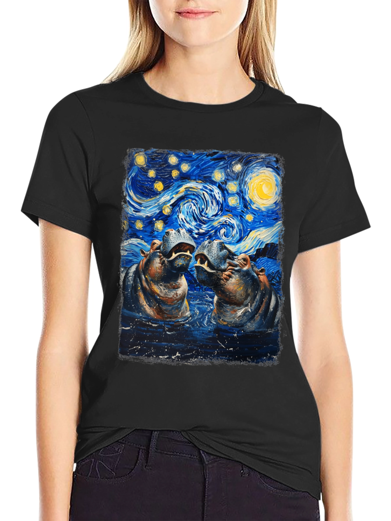 Hippo Starry Night Art T-Shirt