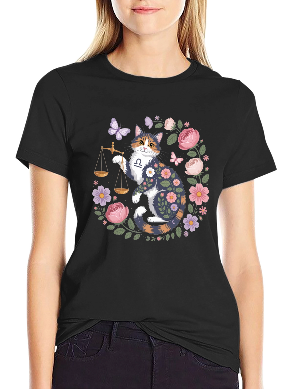 Libra Cat Floral Graphic Tee