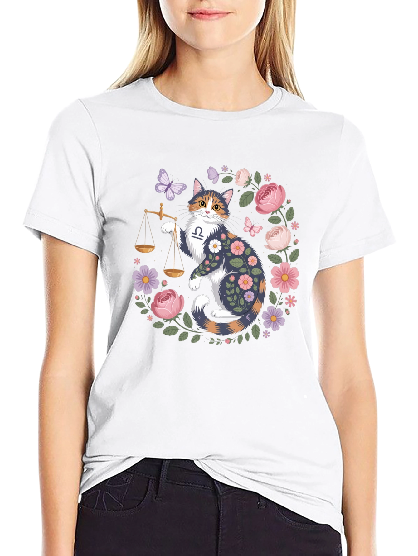 Libra Cat Floral Graphic Tee