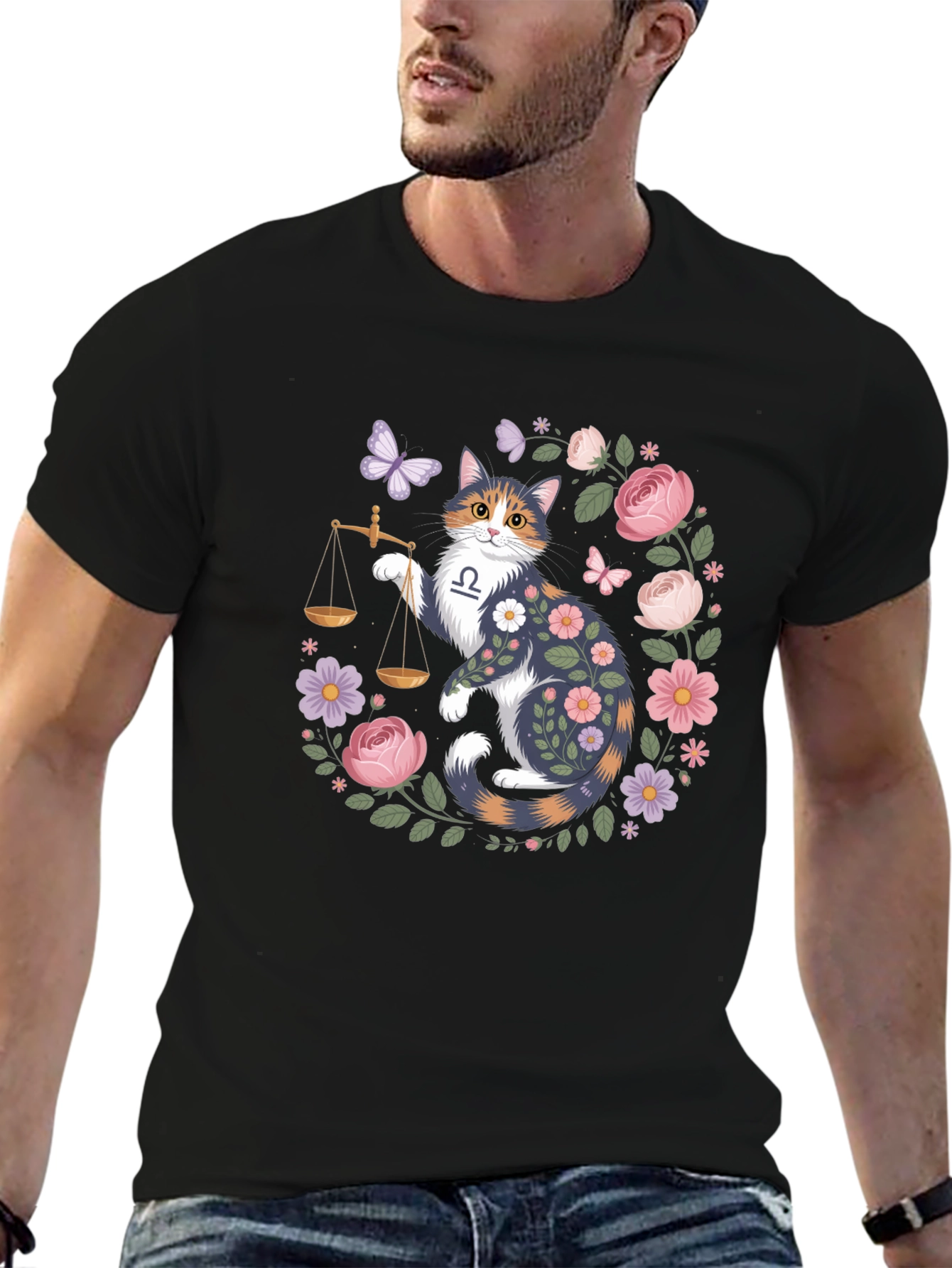 Libra Cat Floral Graphic Tee