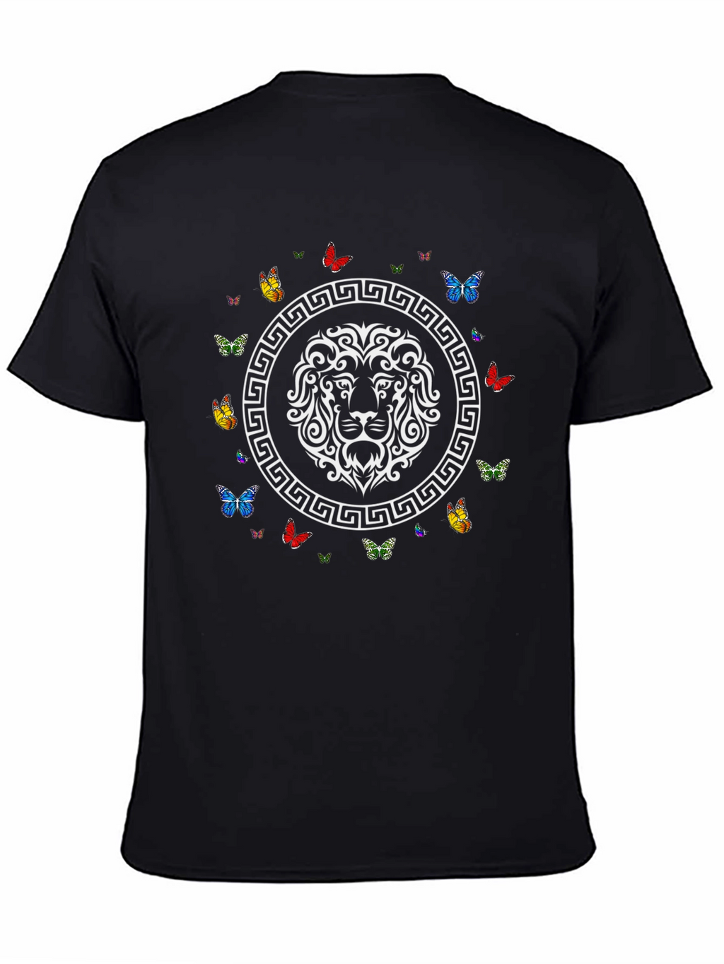 Lion and Butterfly Graphic Print Black T-Shirt