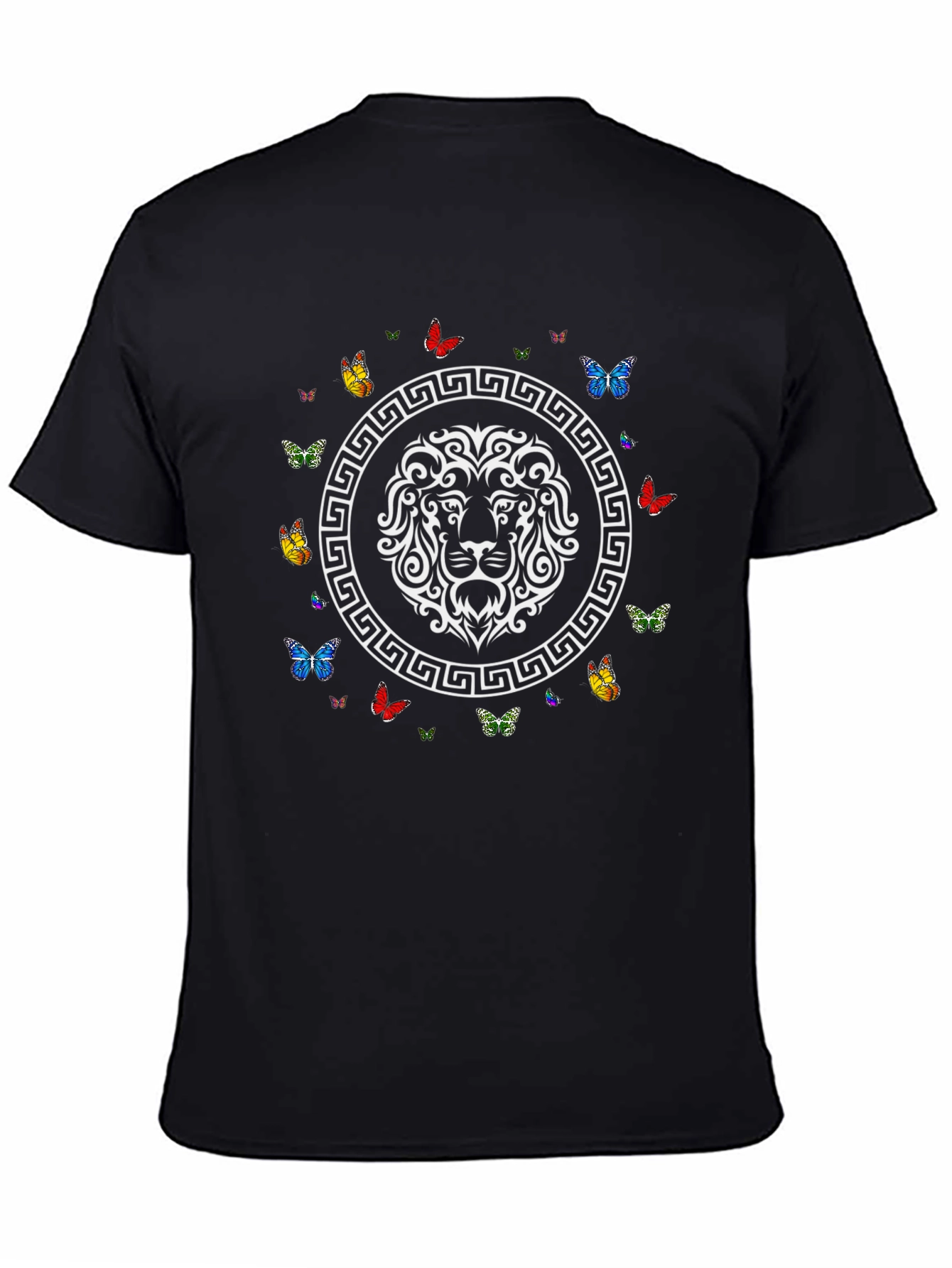 Lion and Butterfly Graphic Print Black T-Shirt