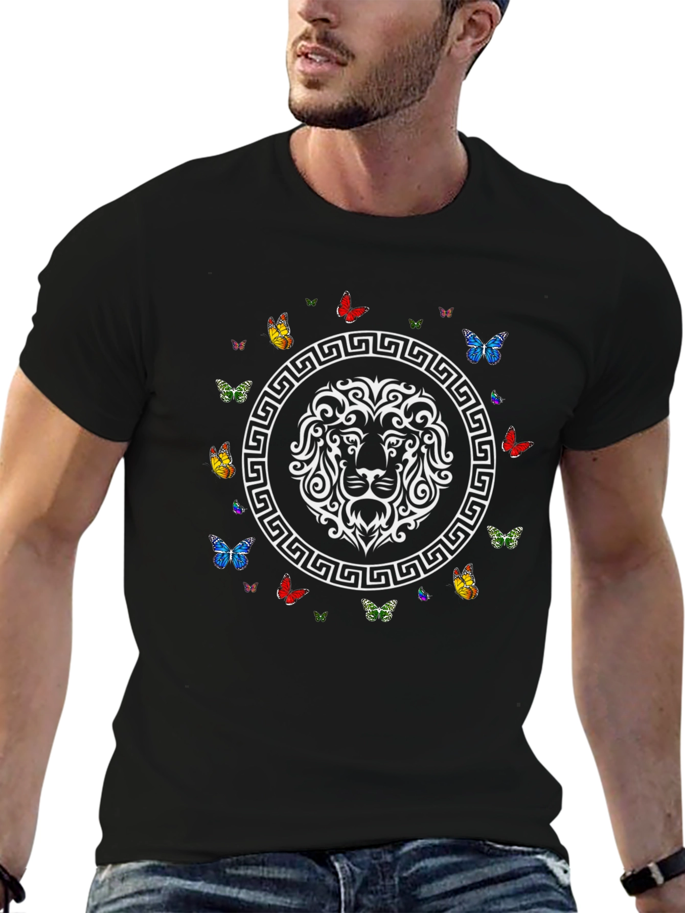Lion and Butterfly Graphic Print Black T-Shirt