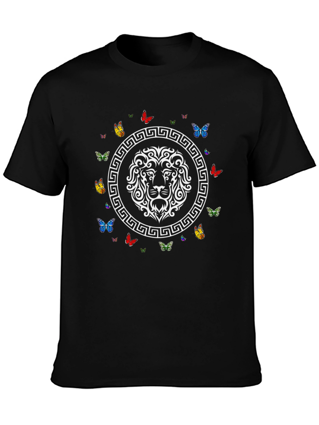 Lion and Butterfly Graphic Print Black T-Shirt
