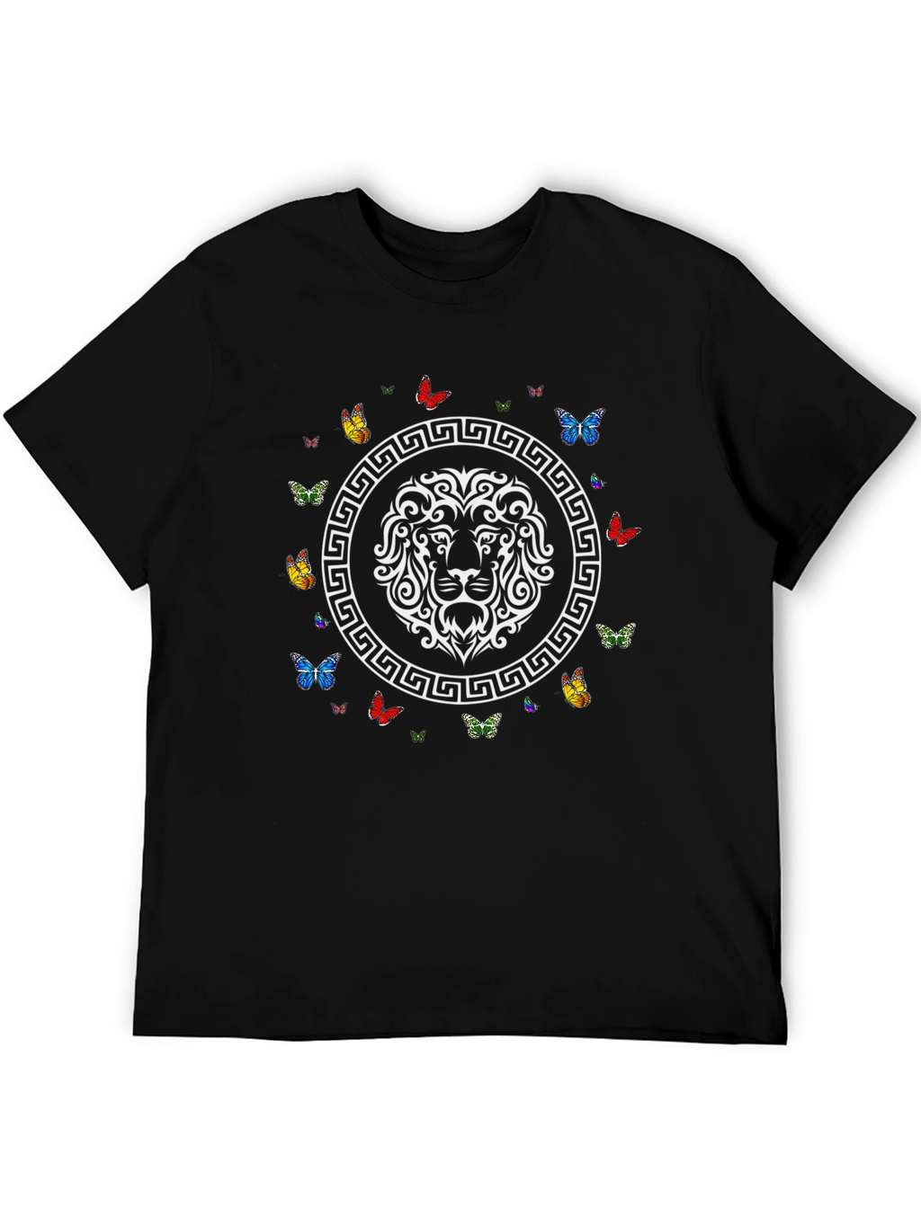 Lion and Butterfly Graphic Print Black T-Shirt