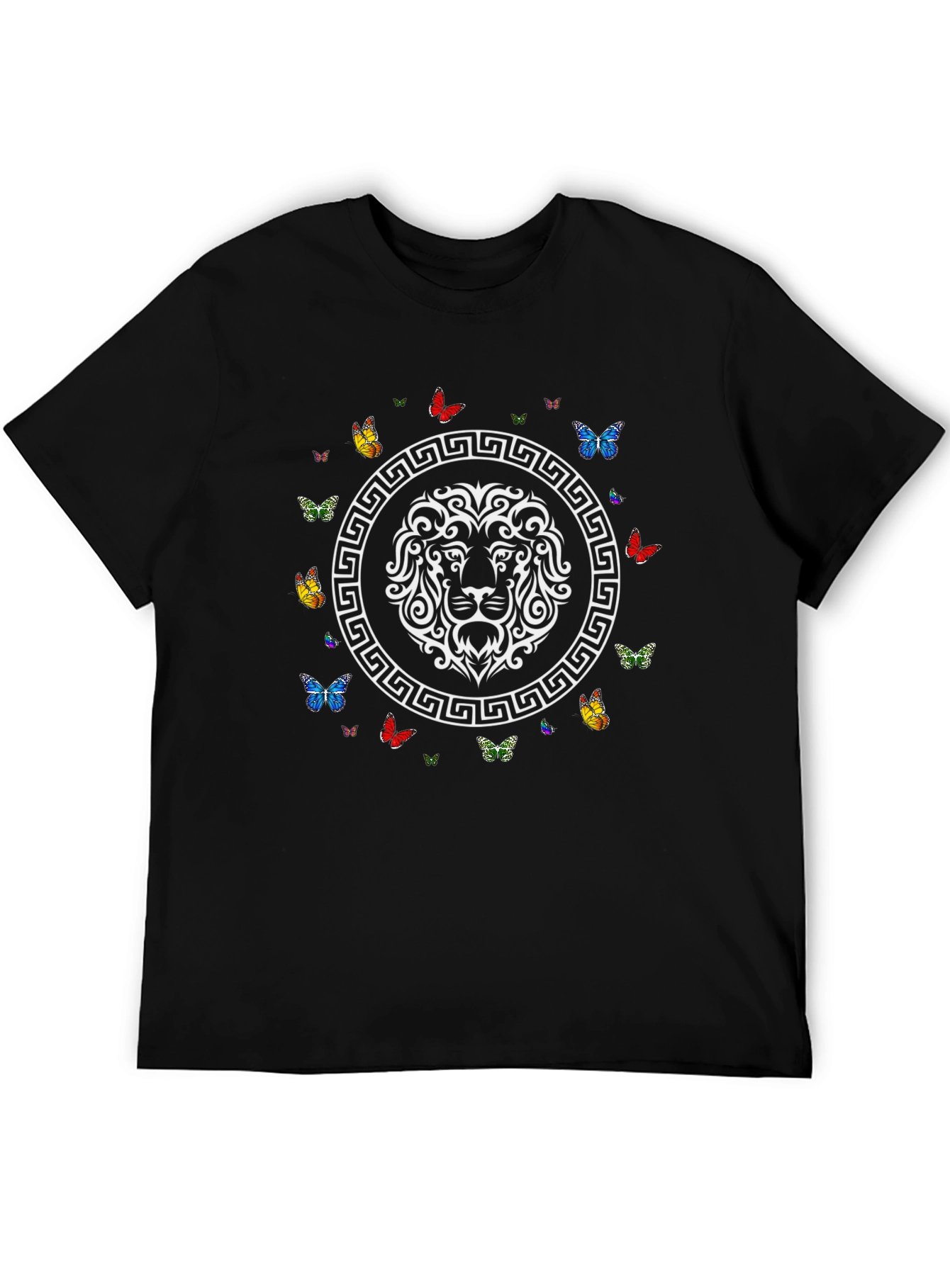 Lion and Butterfly Graphic Print Black T-Shirt