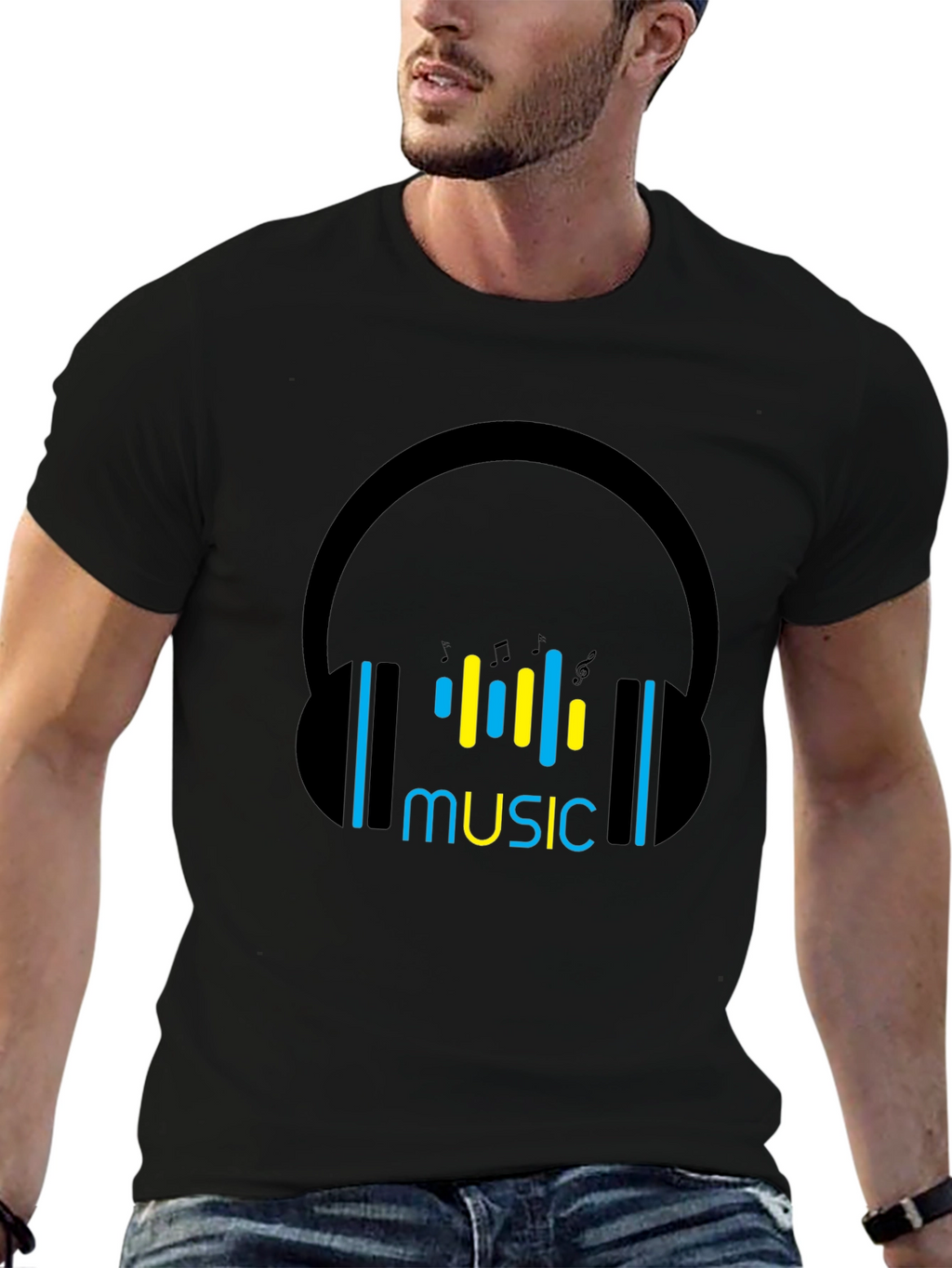 Music Headphones Black T-Shirt