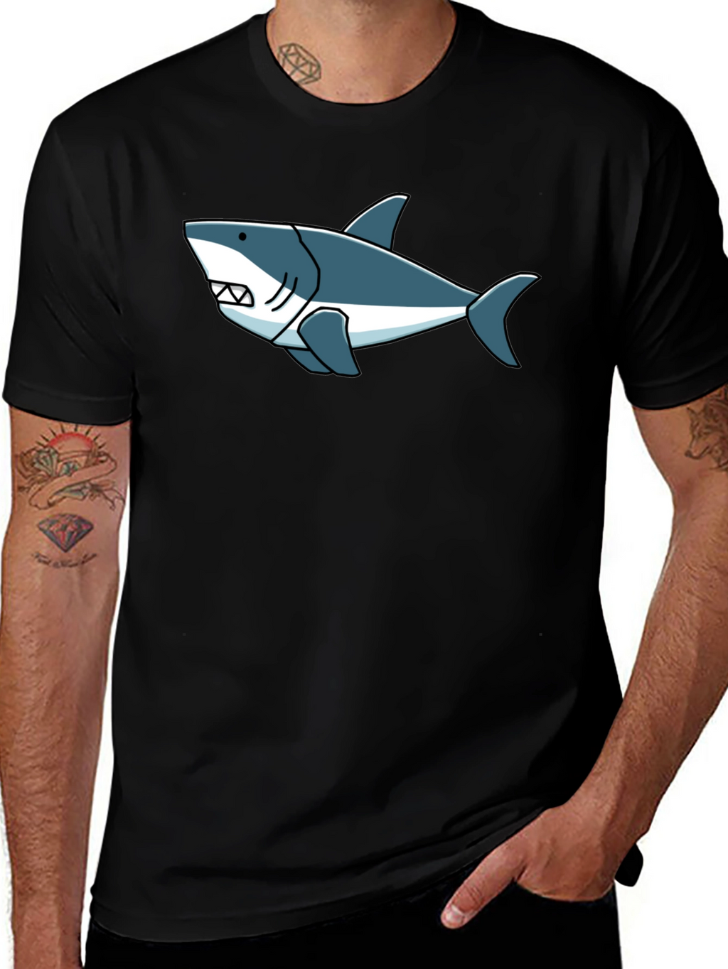 Shark Graphic Tee -  Cool Cartoon Design Black T-Shirt