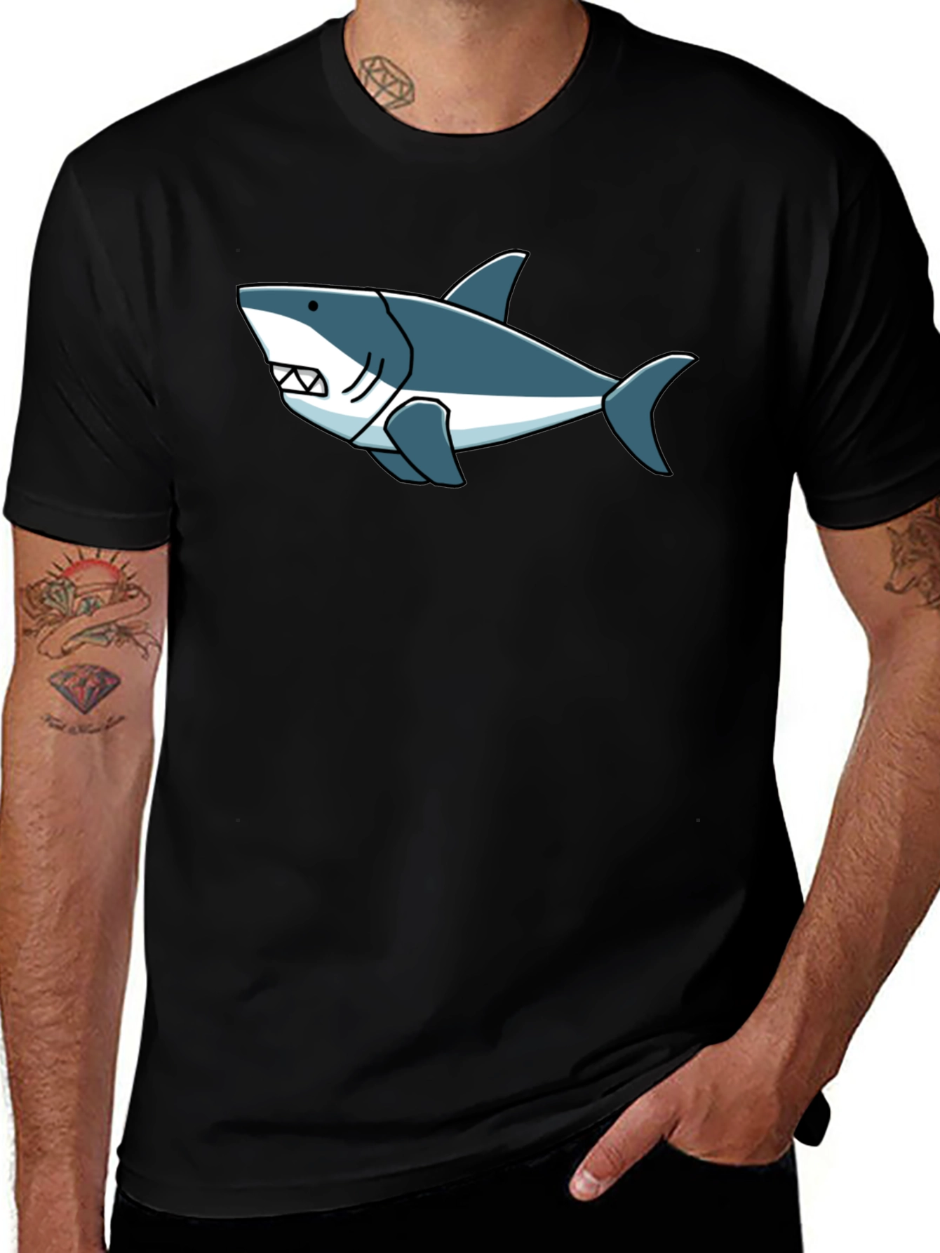 Shark Graphic Tee -  Cool Cartoon Design Black T-Shirt