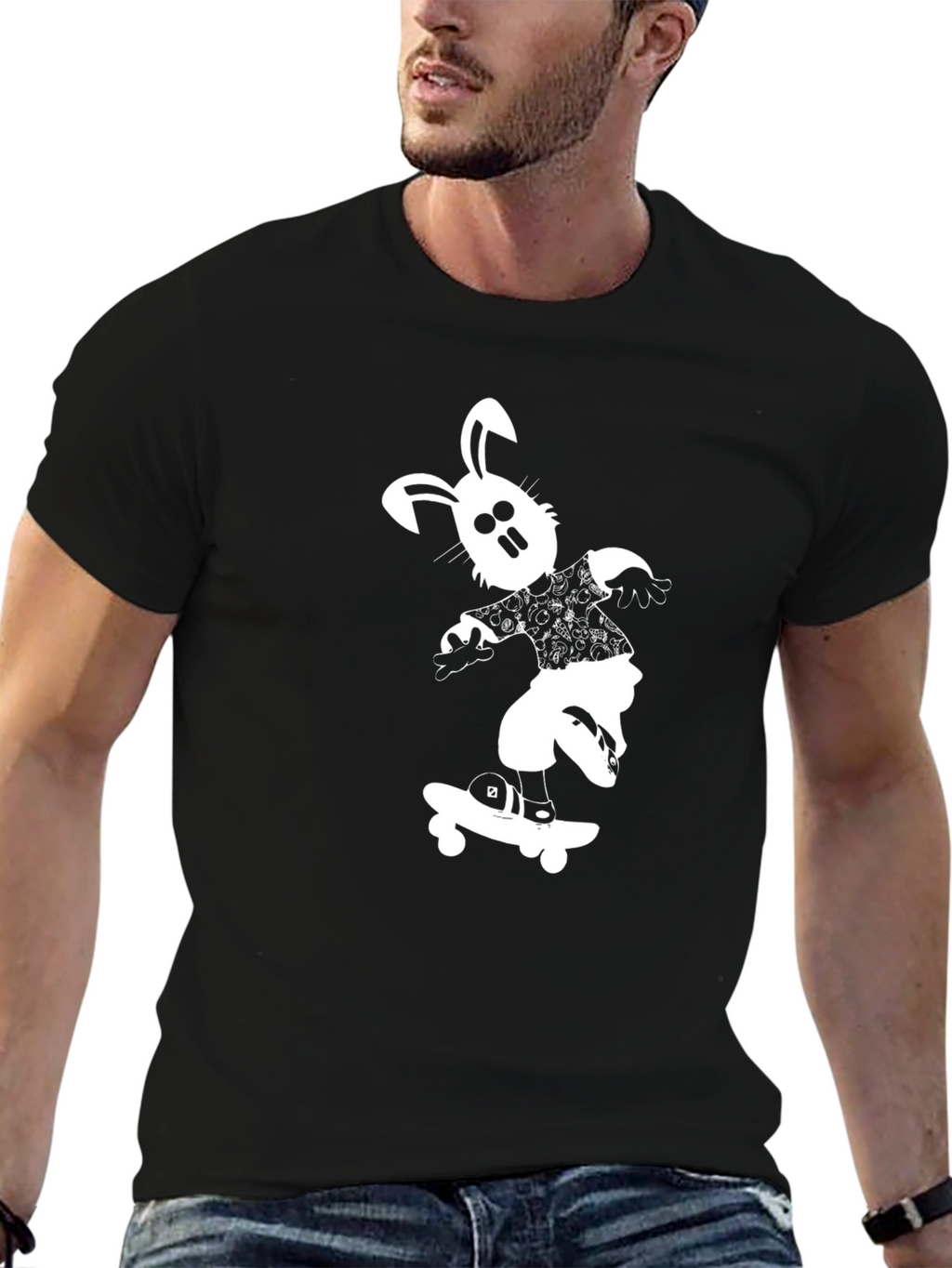 Cool Black T-Shirt with Skateboard Bunny Design