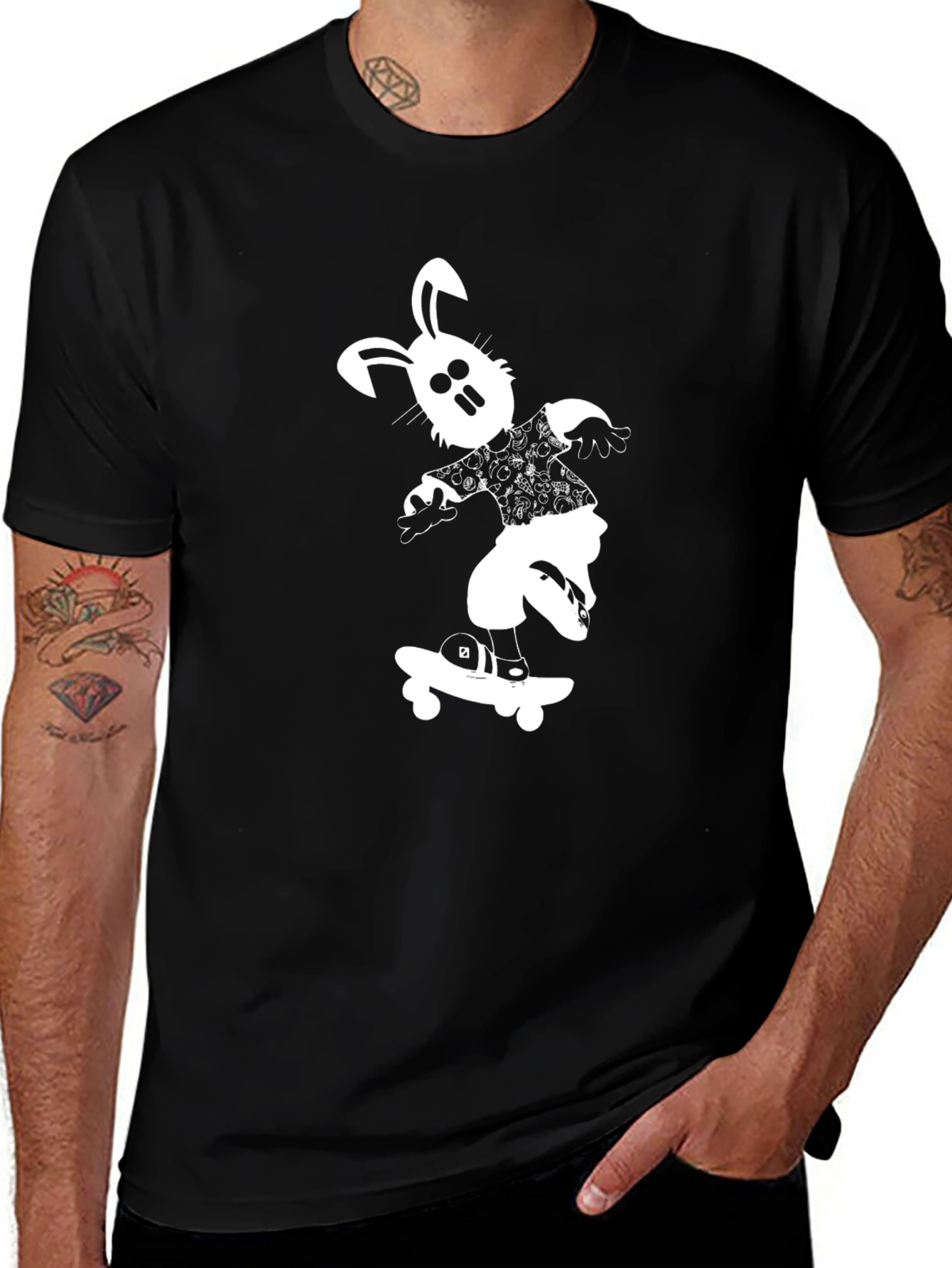 Cool Black T-Shirt with Skateboard Bunny Design