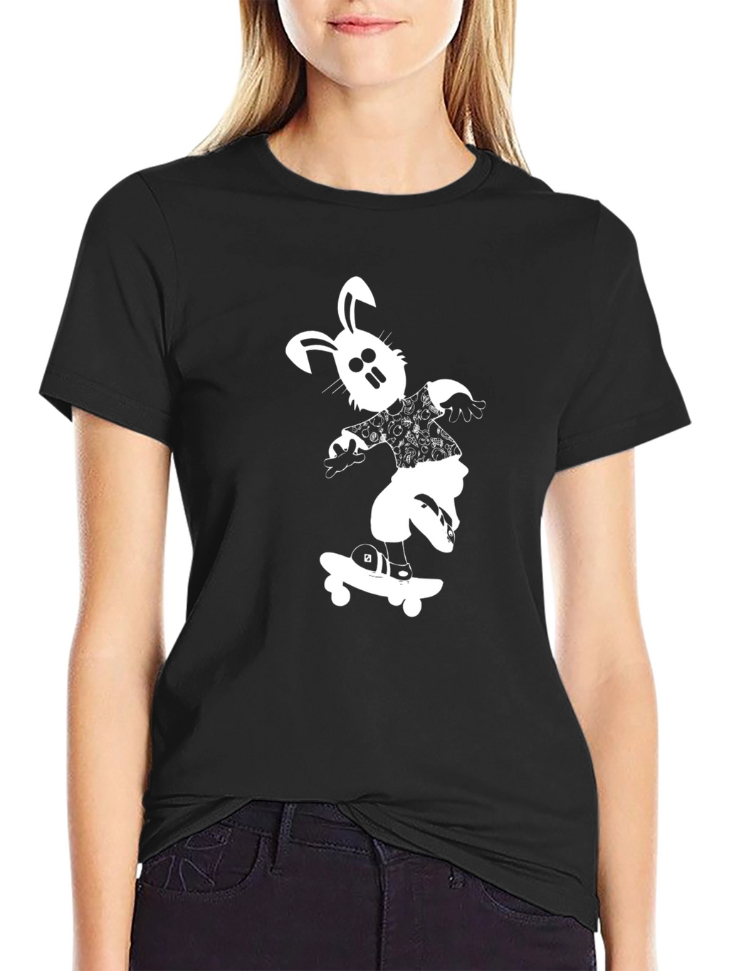 Cool Black T-Shirt with Skateboard Bunny Design