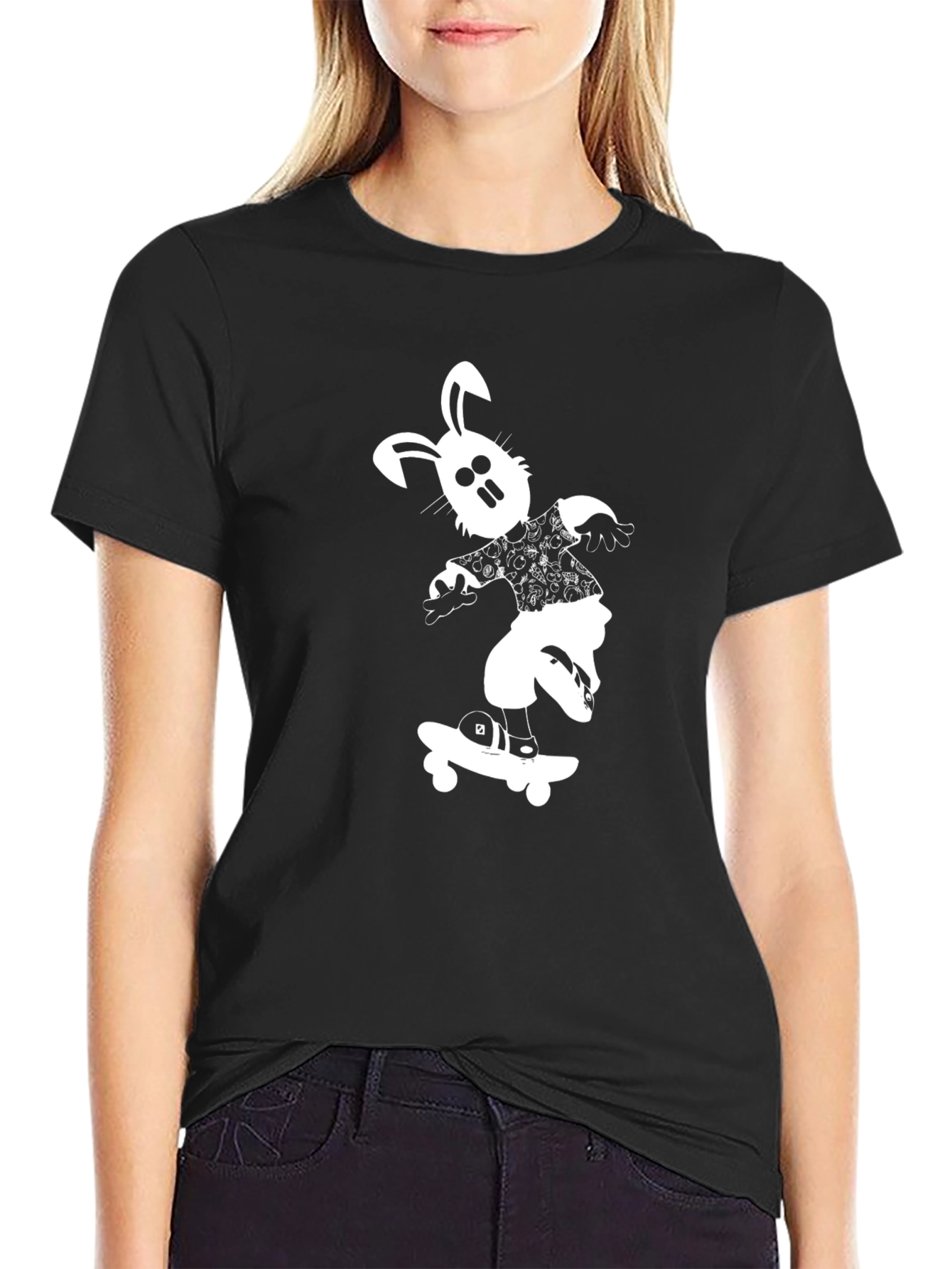 Cool Black T-Shirt with Skateboard Bunny Design