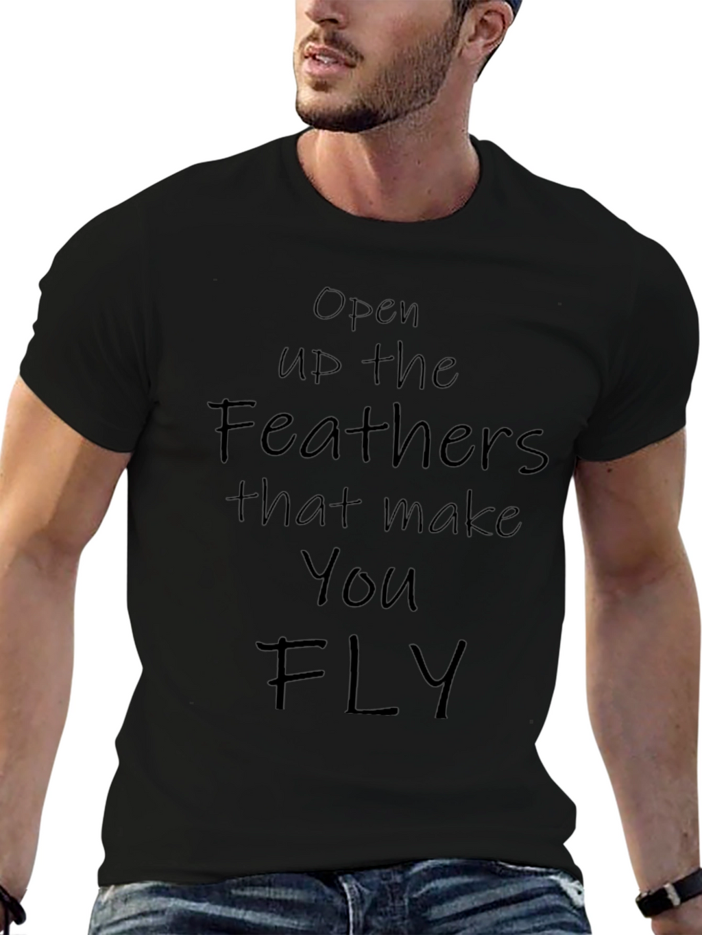 Open Up the Feathers Mens Black Graphic T-Shirt
