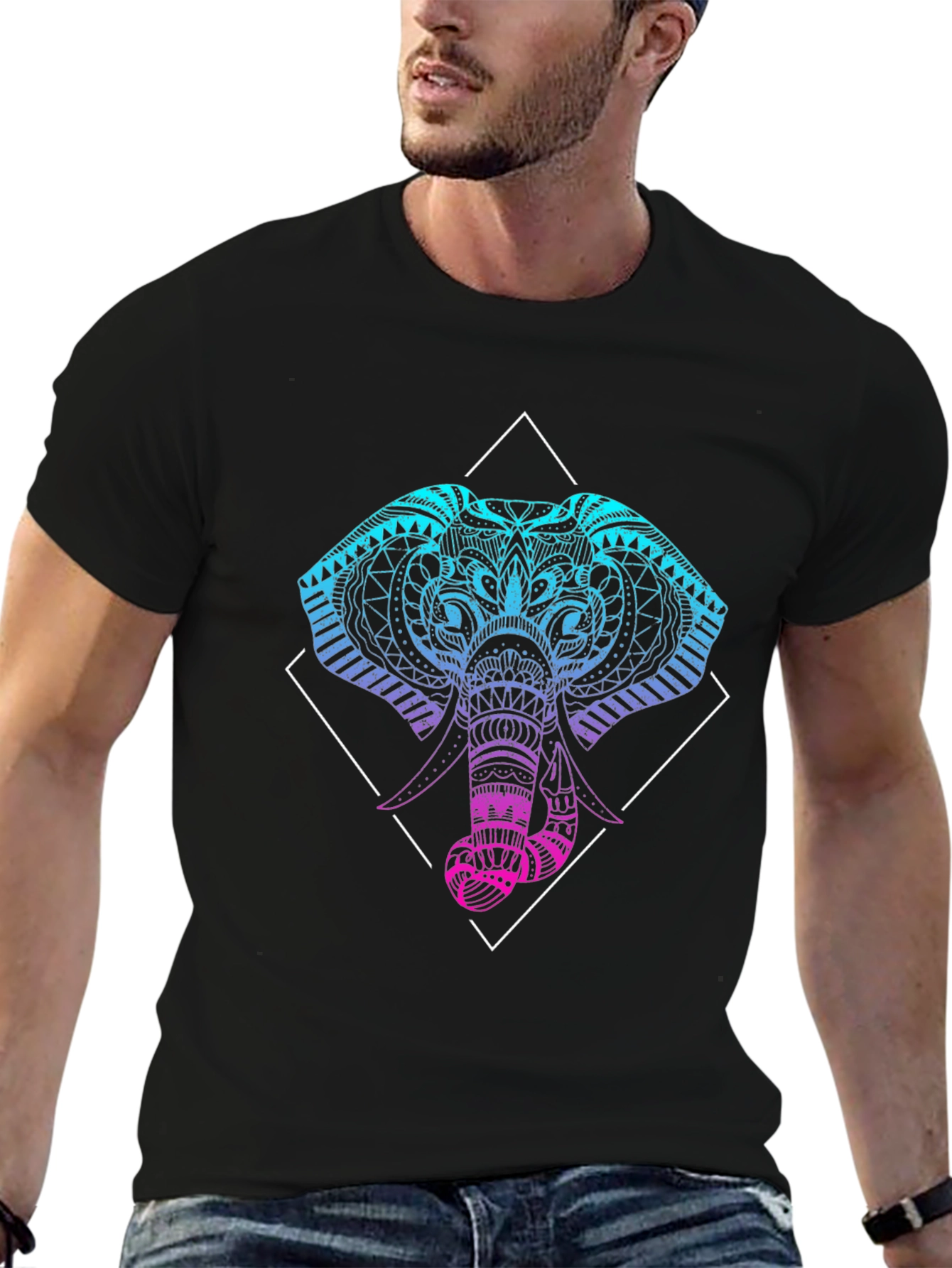 Geometric Elephant Graphic Tee - Black