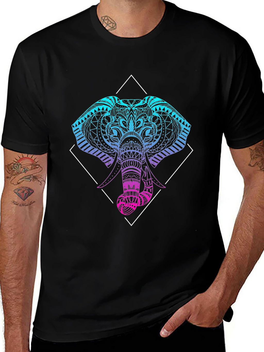 Geometric Elephant Graphic Tee - Black