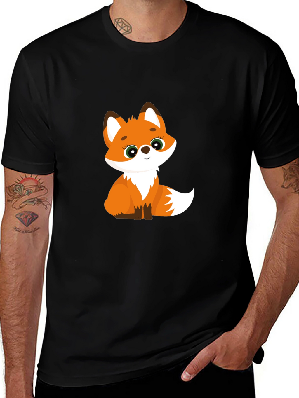 Cute Fox Graphic Tee - Black Cotton Blend