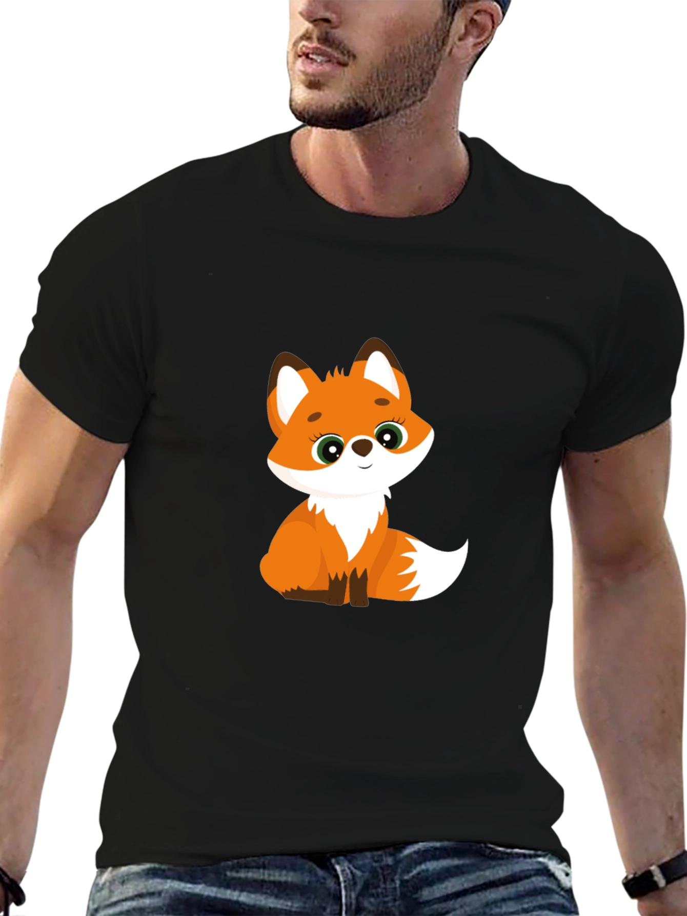 Cute Fox Graphic Tee - Black Cotton Blend