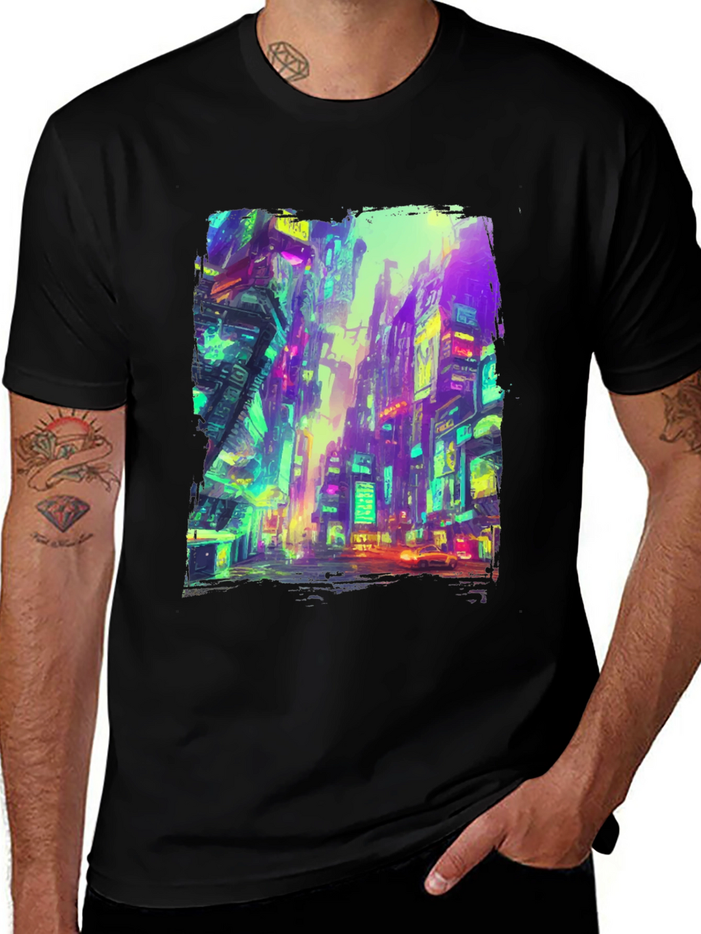 Cyberpunk Cityscape Graphic Tee - Black