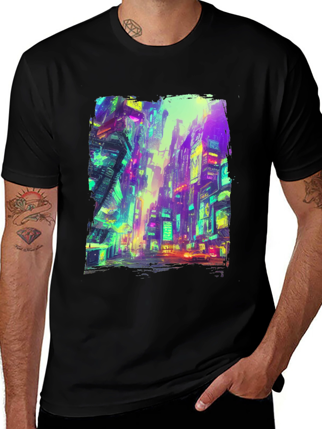 Cyberpunk Cityscape Graphic Tee - Black