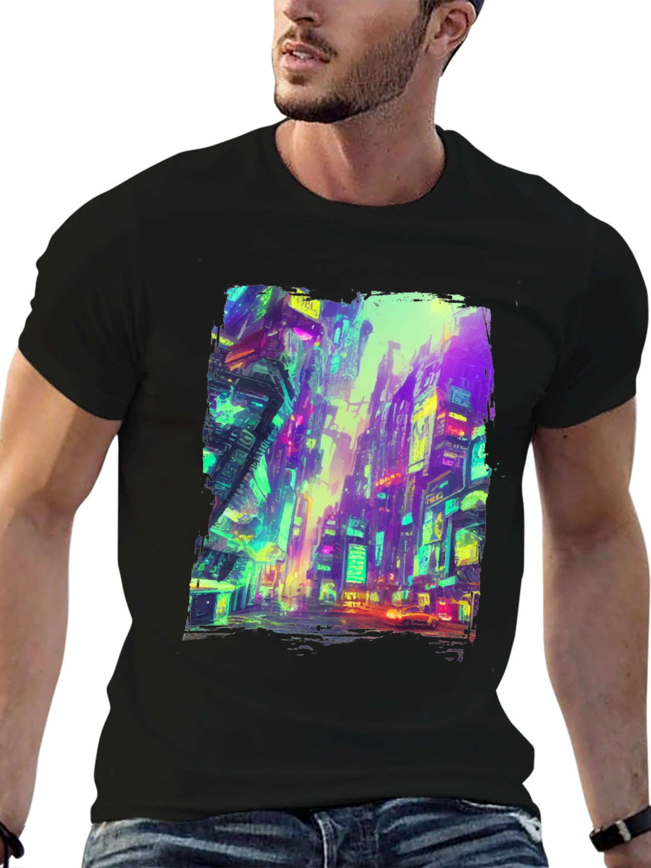 Cyberpunk Cityscape Graphic Tee - Black