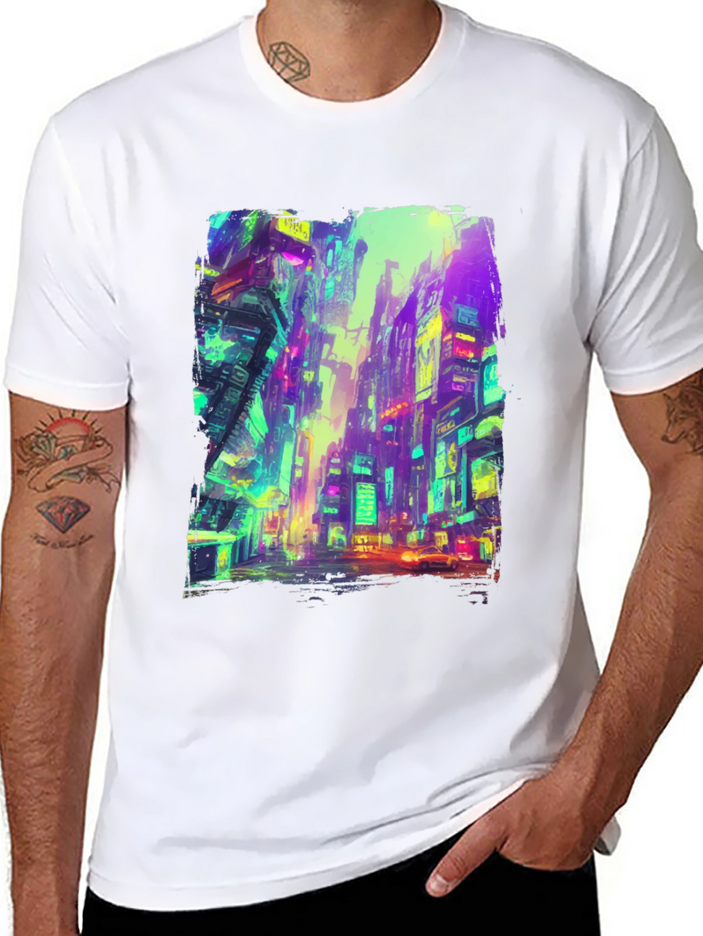 Cyberpunk Cityscape Graphic Tee - Black