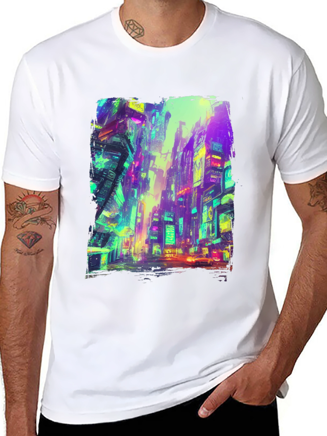 Cyberpunk Cityscape Graphic Tee - Black
