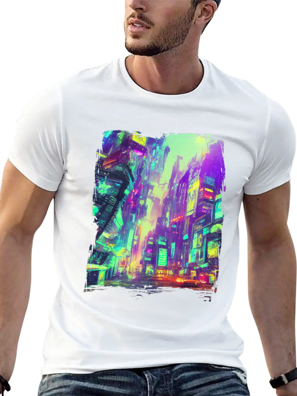 Cyberpunk Cityscape Graphic Tee - Black