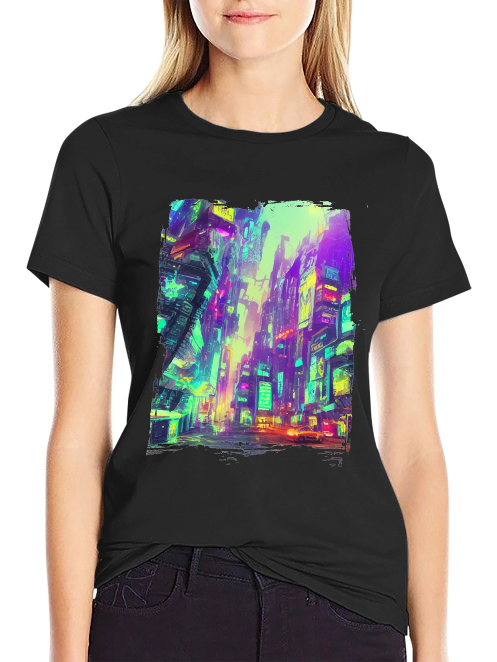 Cyberpunk Cityscape Graphic Tee - Black