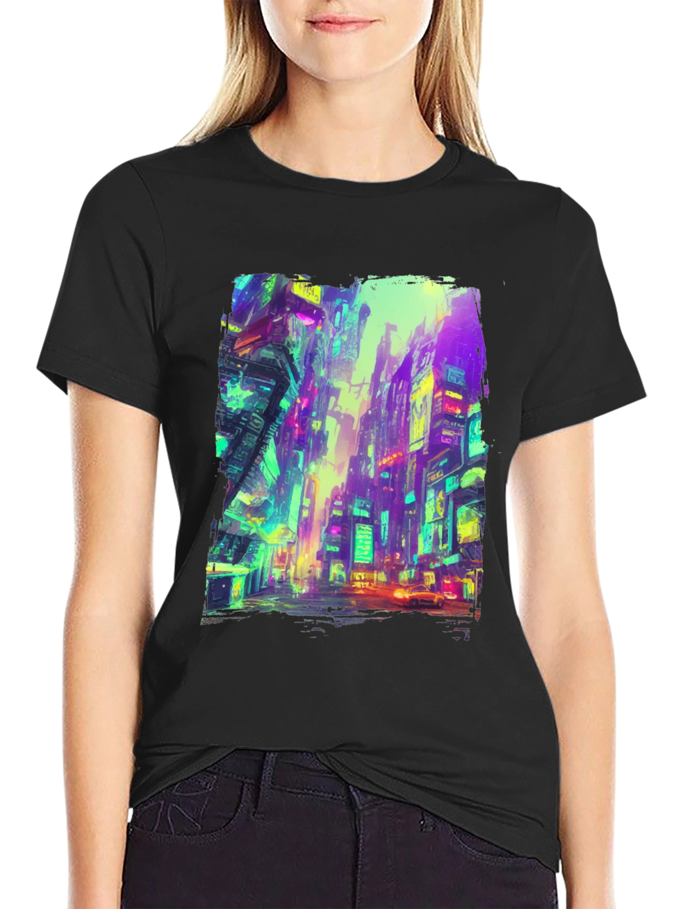 Cyberpunk Cityscape Graphic Tee - Black