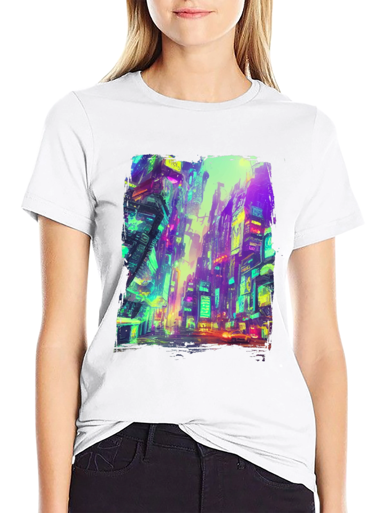Cyberpunk Cityscape Graphic Tee - Black