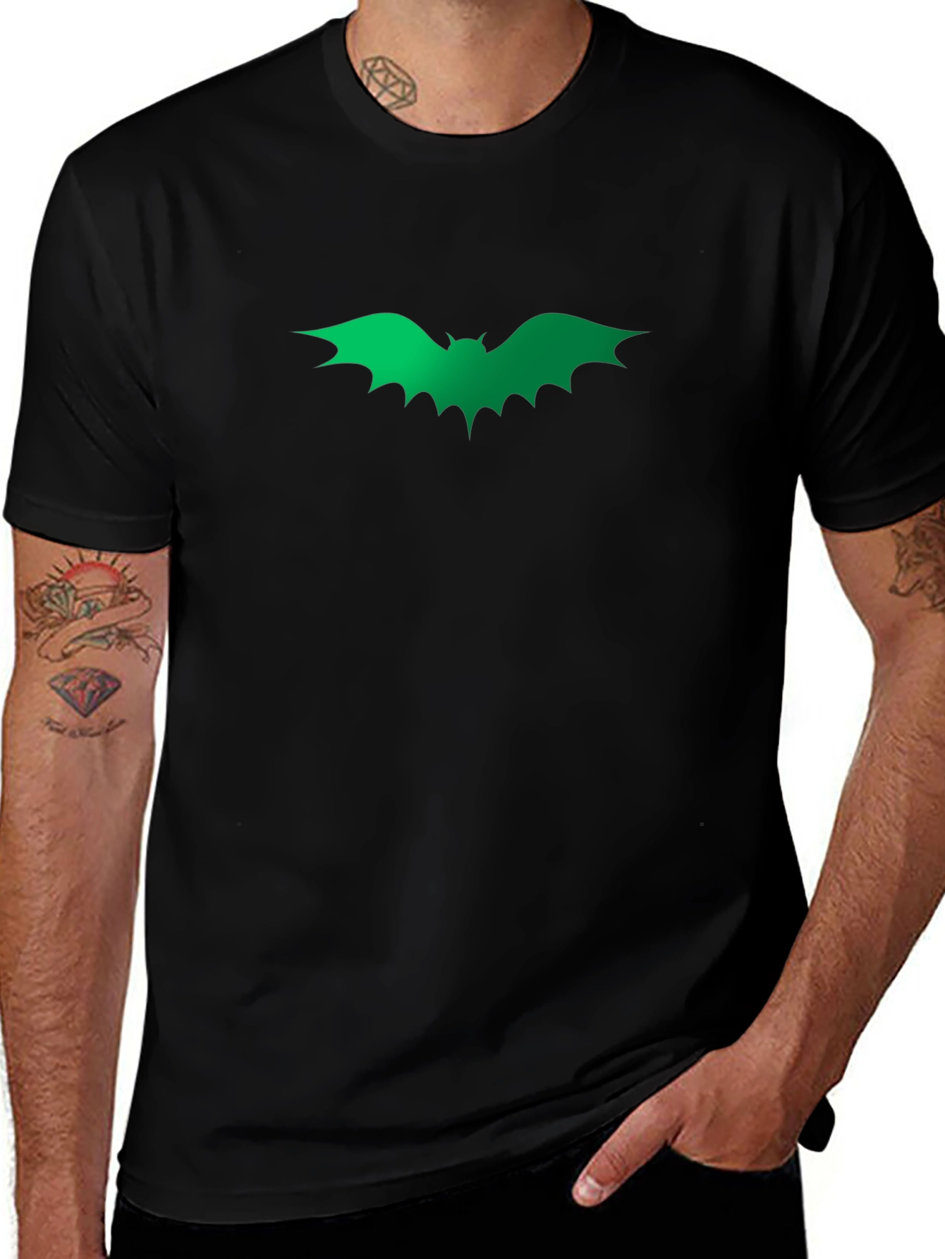 Green Bat Graphic Black T-Shirt