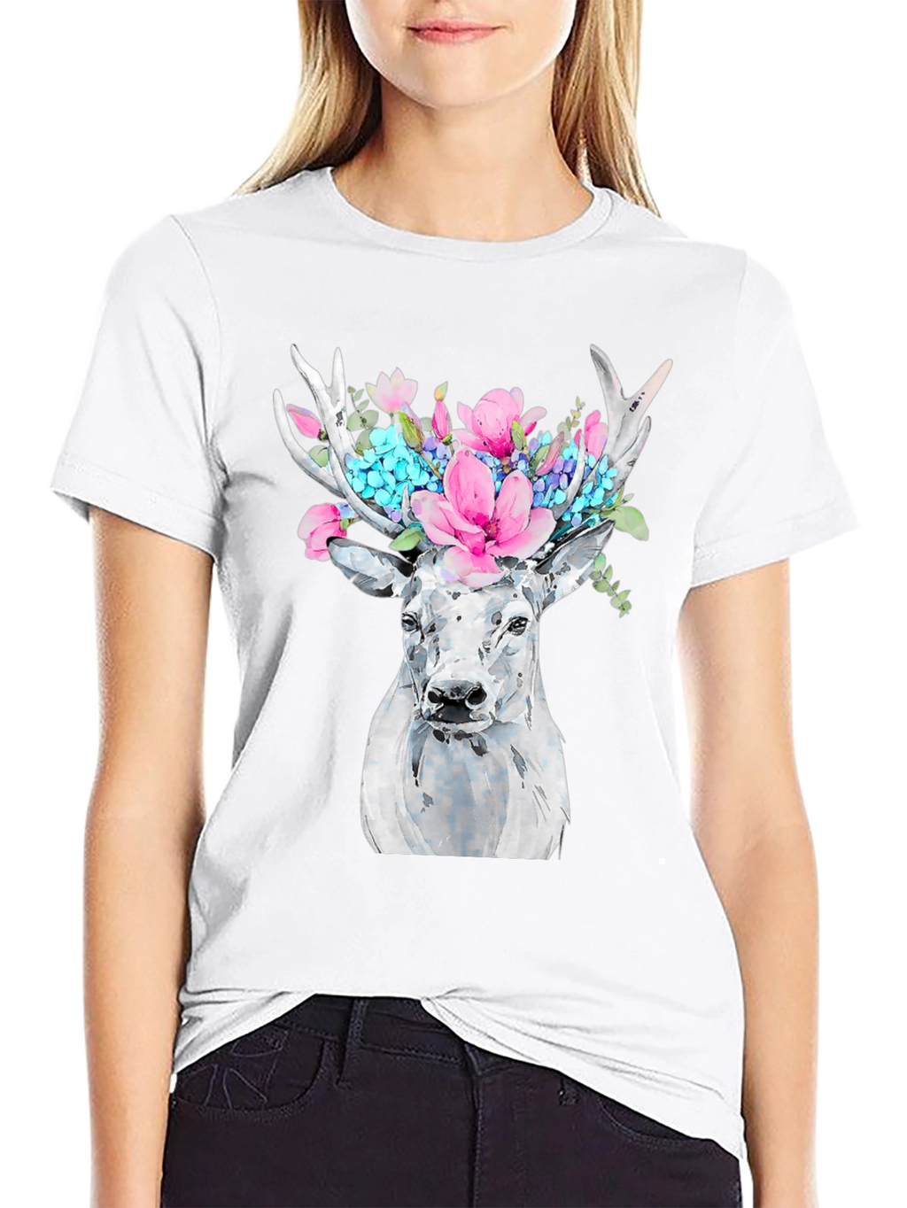 Floral Deer Graphic Tee - Black Cotton T-Shirt