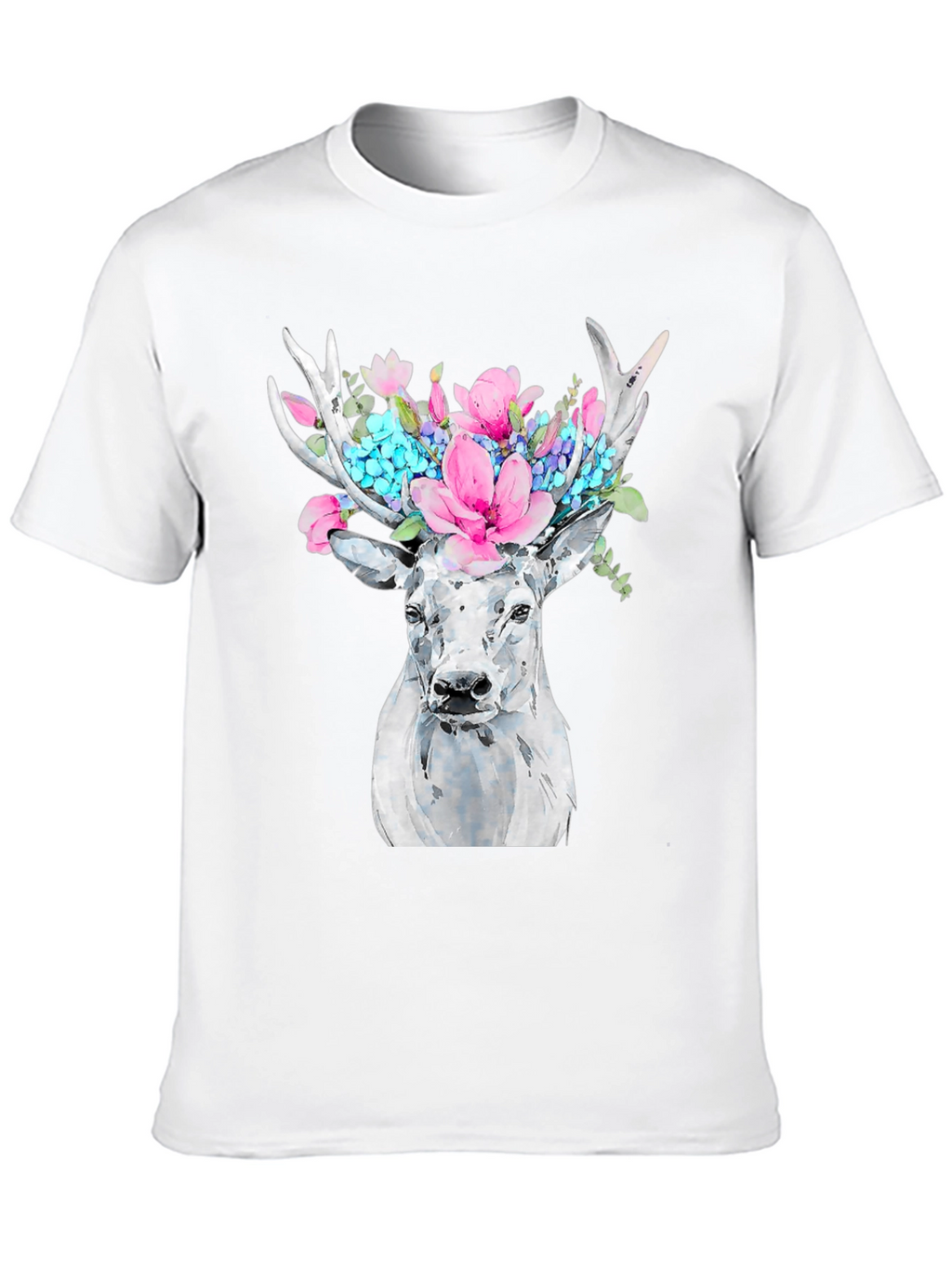 Floral Deer Graphic Tee - Black Cotton T-Shirt