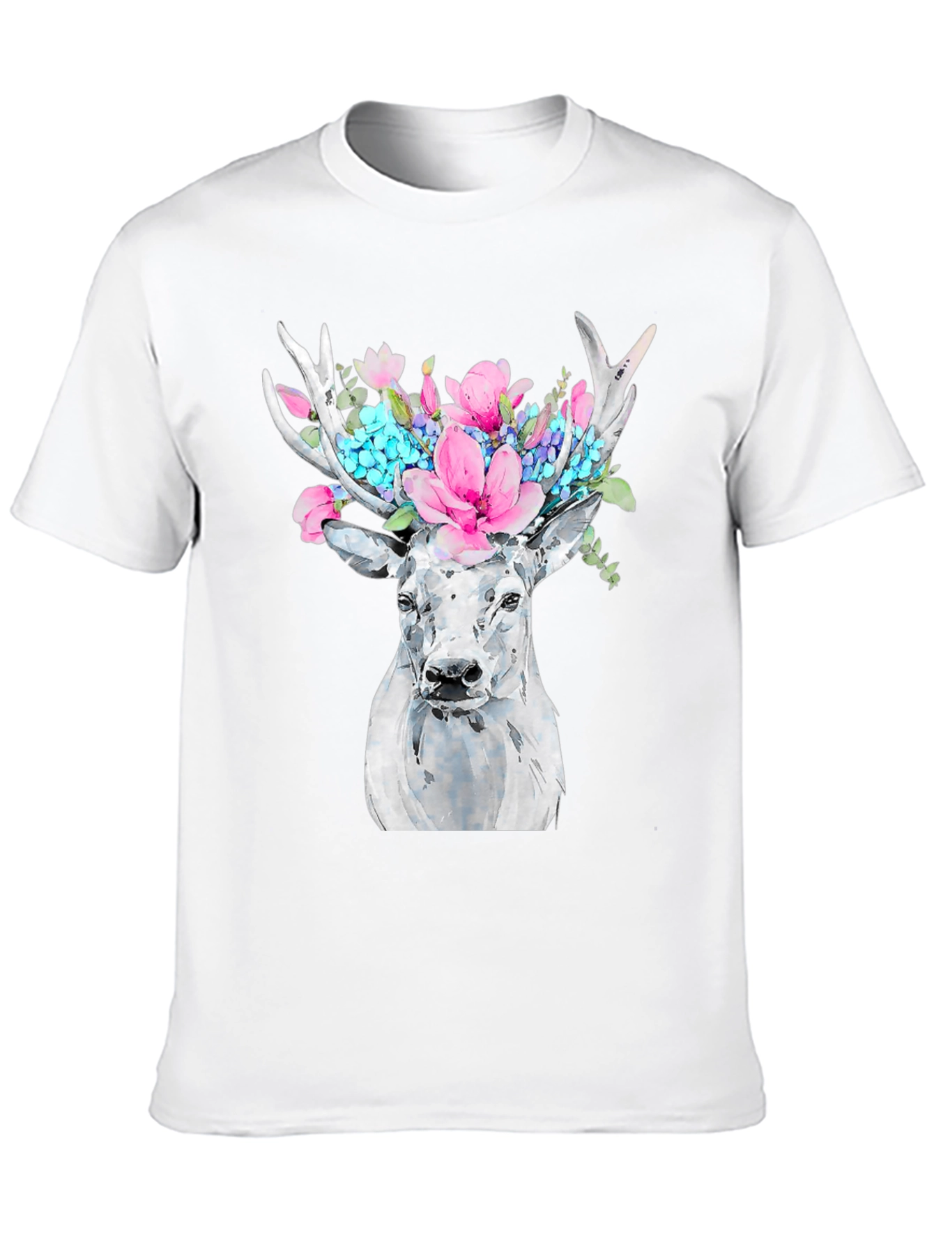 Floral Deer Graphic Tee - Black Cotton T-Shirt