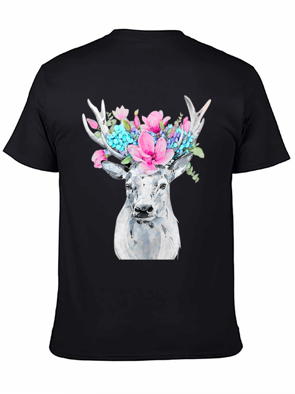 Floral Deer Graphic Tee - Black Cotton T-Shirt