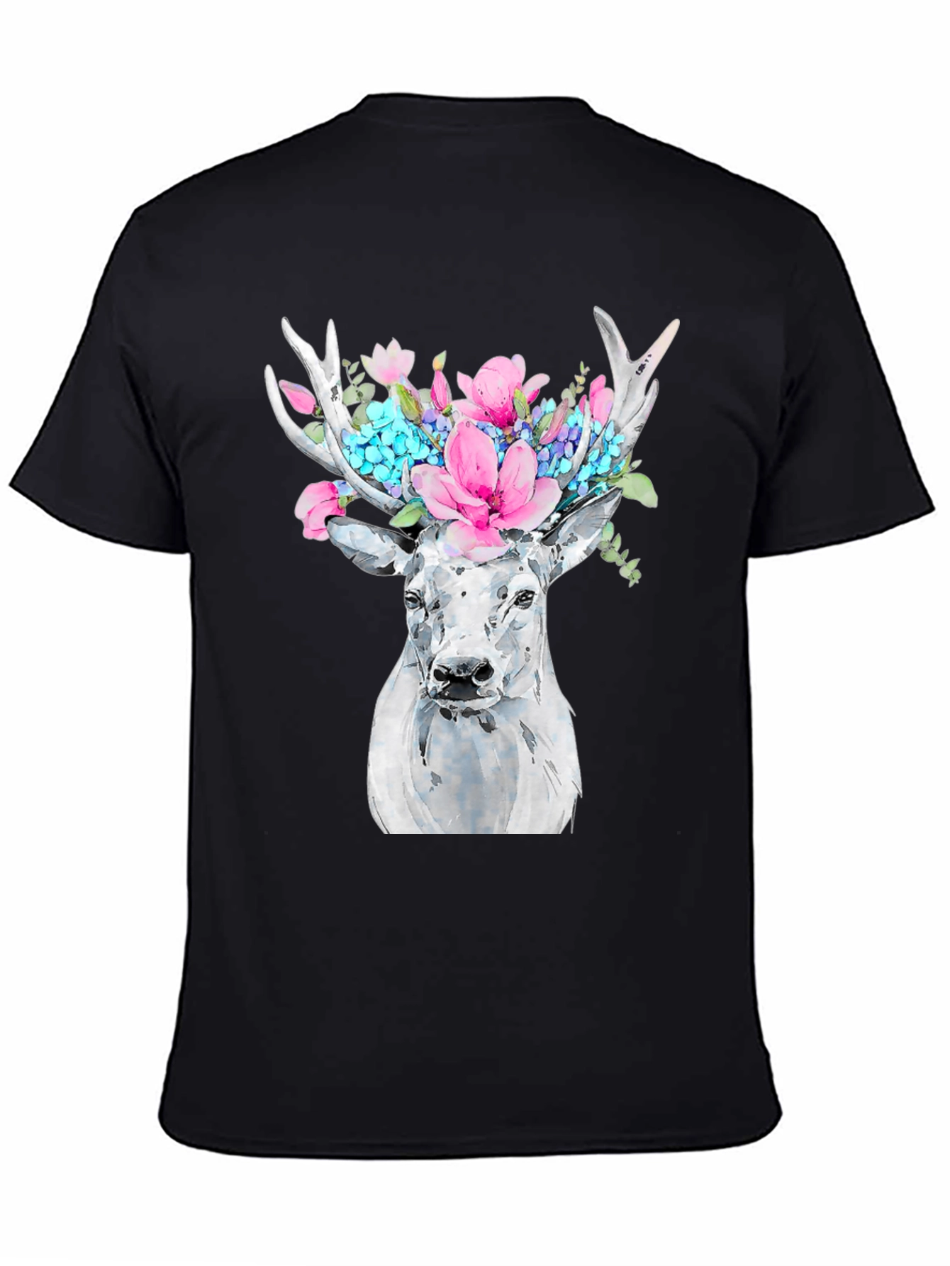 Floral Deer Graphic Tee - Black Cotton T-Shirt