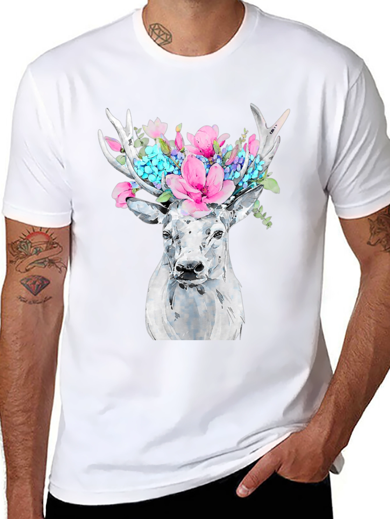 Floral Deer Graphic Tee - Black Cotton T-Shirt