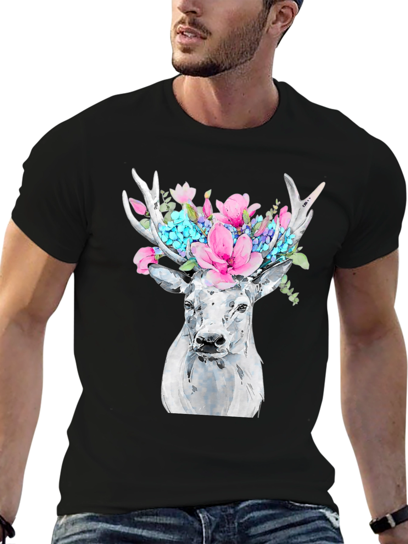 Floral Deer Graphic Tee - Black Cotton T-Shirt