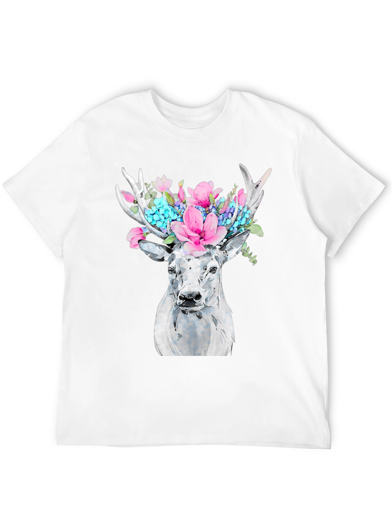 Floral Deer Graphic Tee - Black Cotton T-Shirt