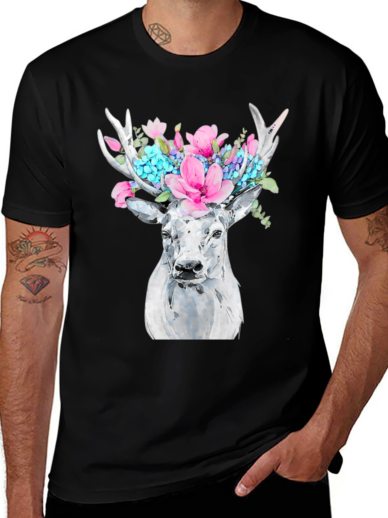 Floral Deer Graphic Tee - Black Cotton T-Shirt