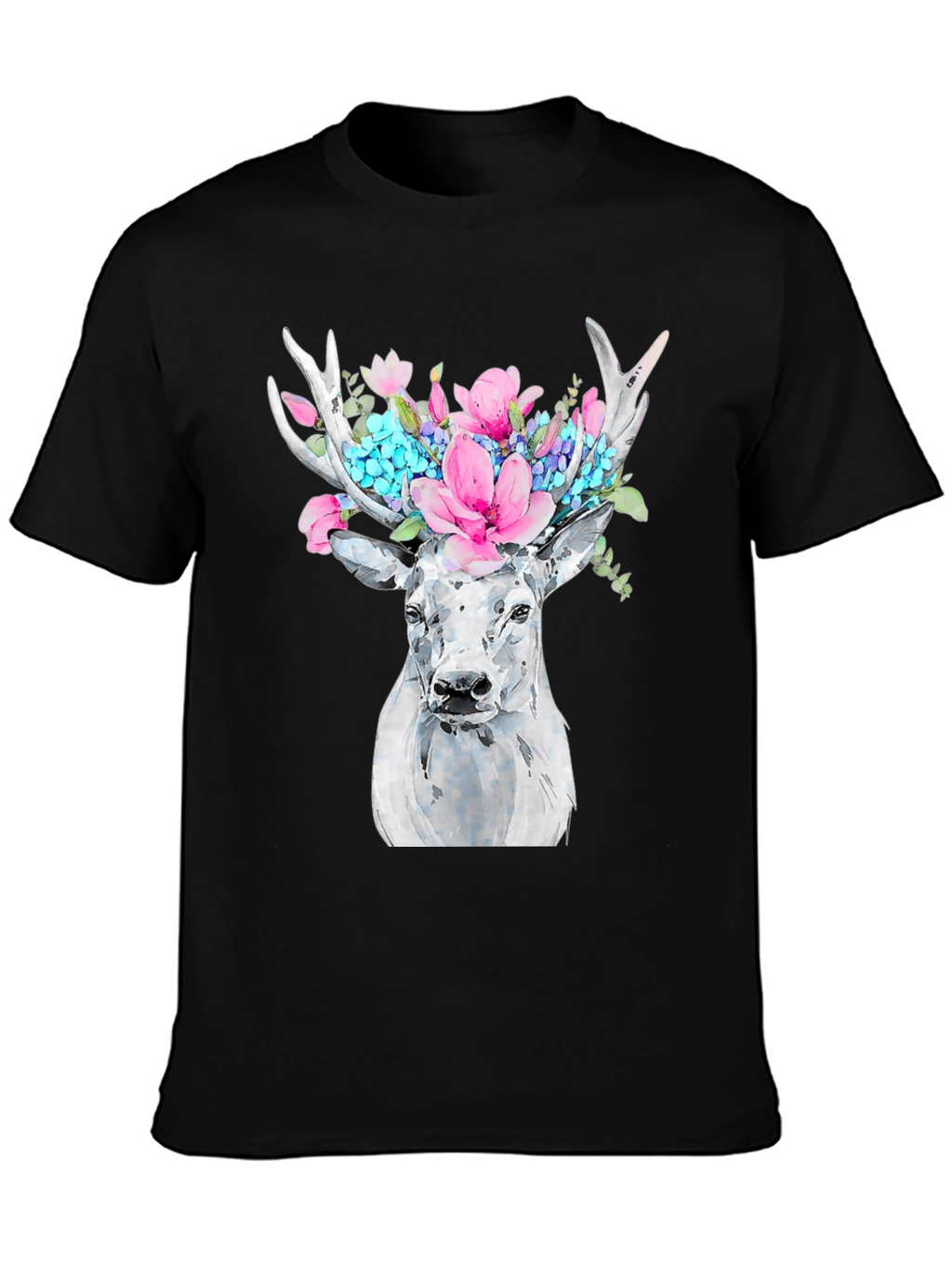Floral Deer Graphic Tee - Black Cotton T-Shirt