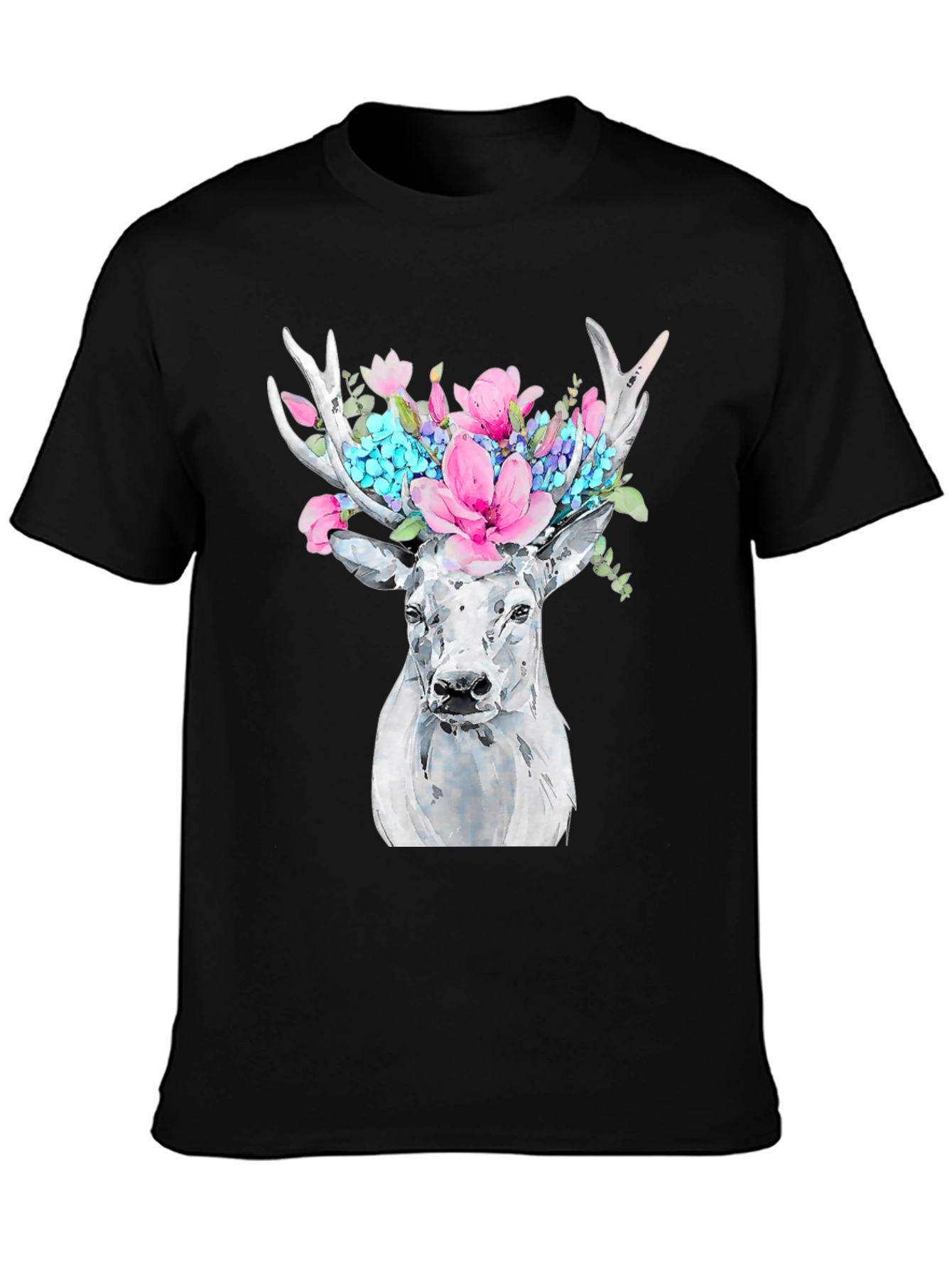 Floral Deer Graphic Tee - Black Cotton T-Shirt
