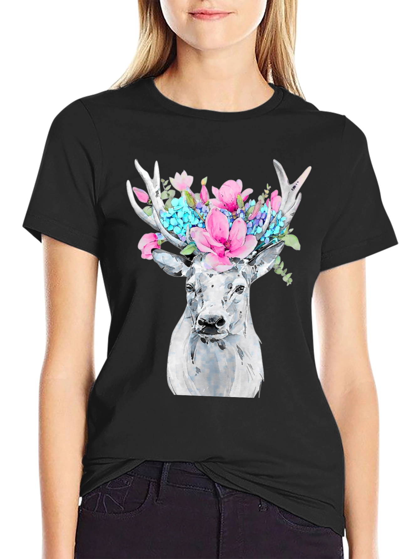 Floral Deer Graphic Tee - Black Cotton T-Shirt